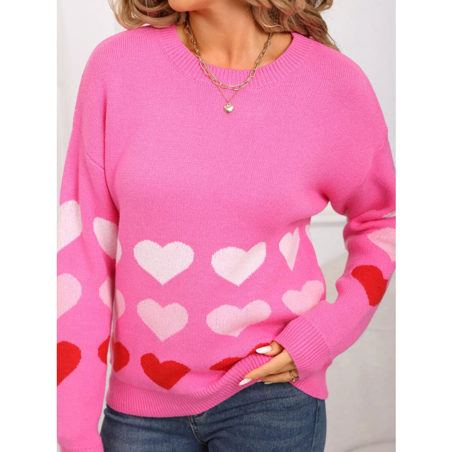 Valentine’s Day Heart Pattern Crew Neck Sweater Rose Red / S Apparel and Accessories