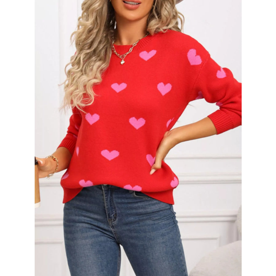 Valentine’s Day Heart Pattern Dropped Shoulder Sweater Apparel and Accessories