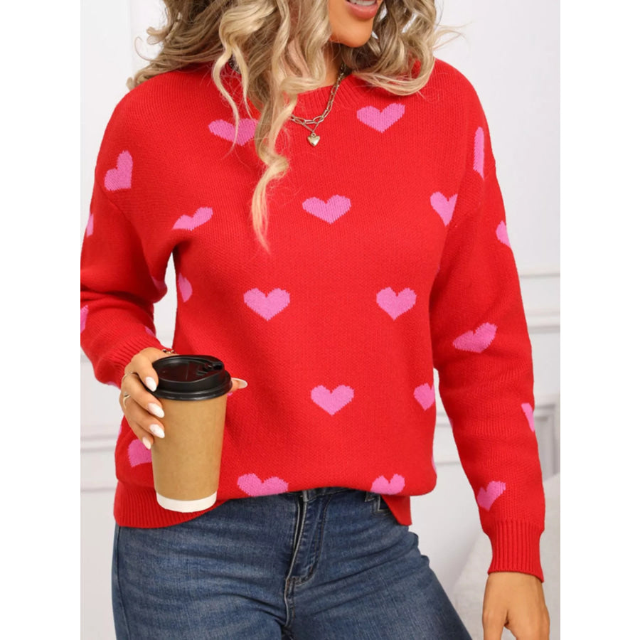 Valentine’s Day Heart Pattern Dropped Shoulder Sweater Apparel and Accessories
