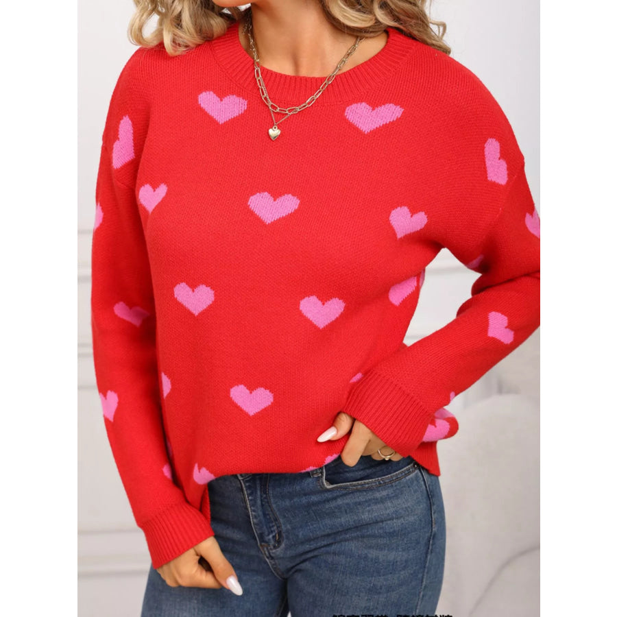 Valentine’s Day Heart Pattern Dropped Shoulder Sweater Apparel and Accessories