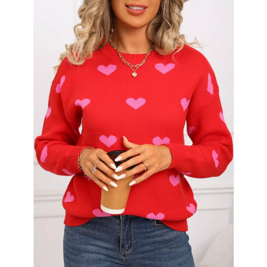 Valentine’s Day Heart Pattern Dropped Shoulder Sweater Apparel and Accessories