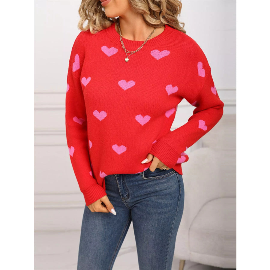 Valentine’s Day Heart Pattern Dropped Shoulder Sweater Apparel and Accessories