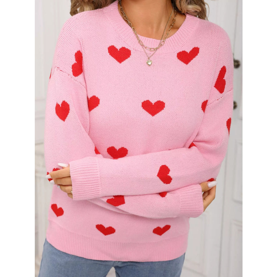 Valentine’s Day Heart Pattern Dropped Shoulder Sweater Apparel and Accessories