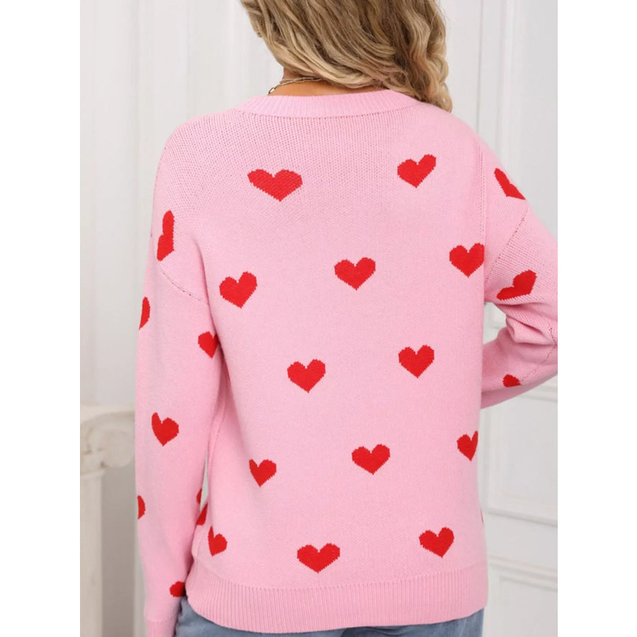 Valentine’s Day Heart Pattern Dropped Shoulder Sweater Apparel and Accessories