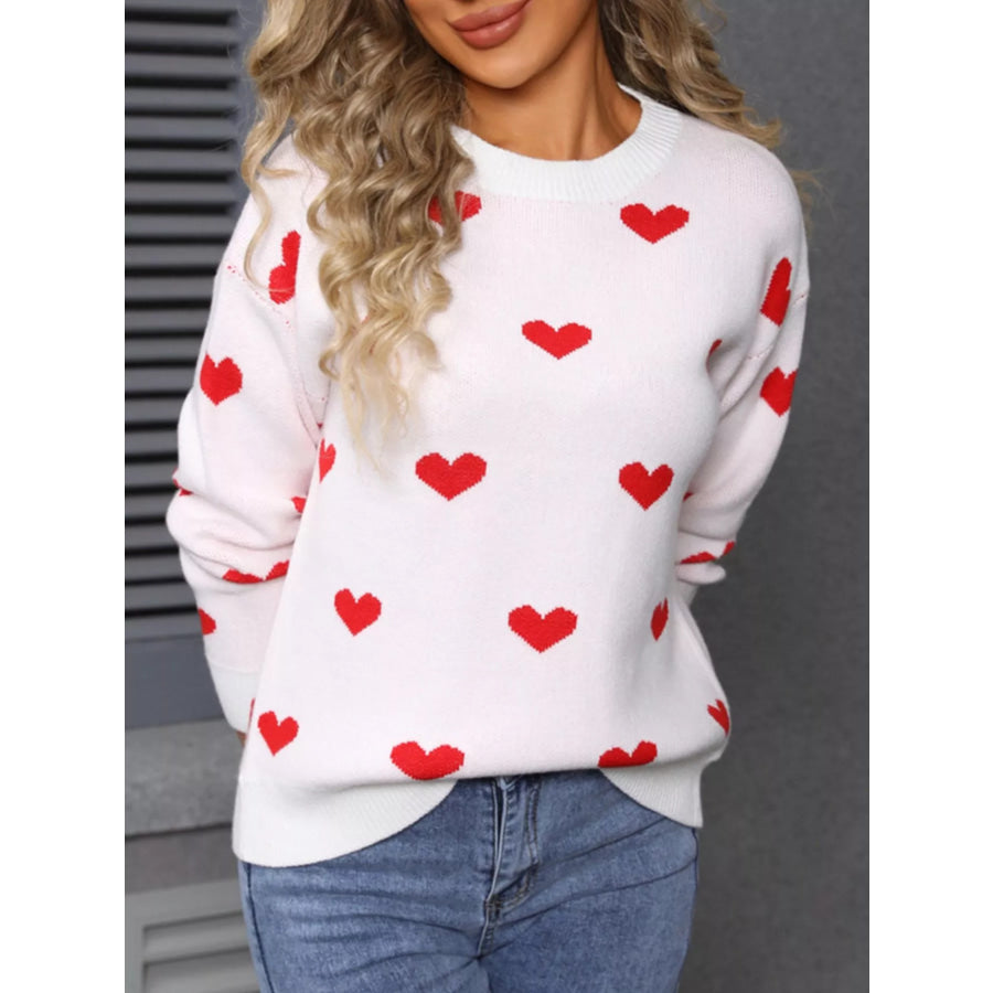 Valentine’s Day Heart Pattern Dropped Shoulder Sweater Apparel and Accessories