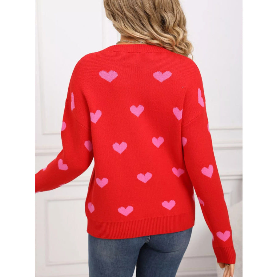 Valentine’s Day Heart Pattern Dropped Shoulder Sweater Apparel and Accessories