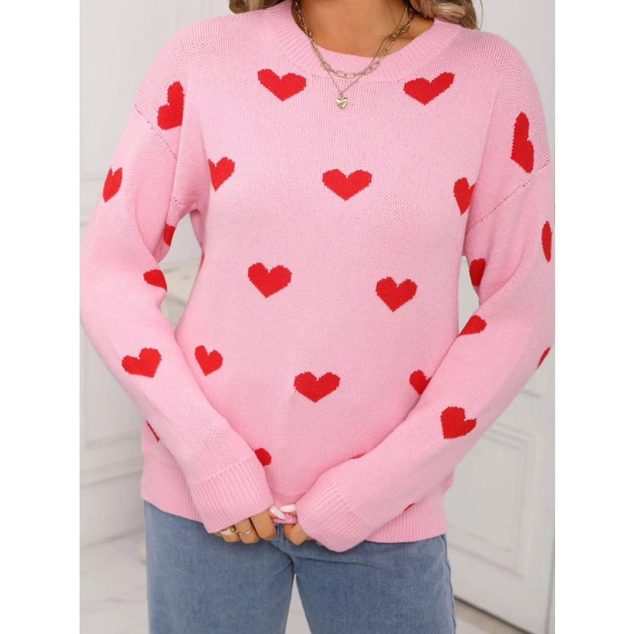 Valentine’s Day Heart Pattern Dropped Shoulder Sweater Apparel and Accessories