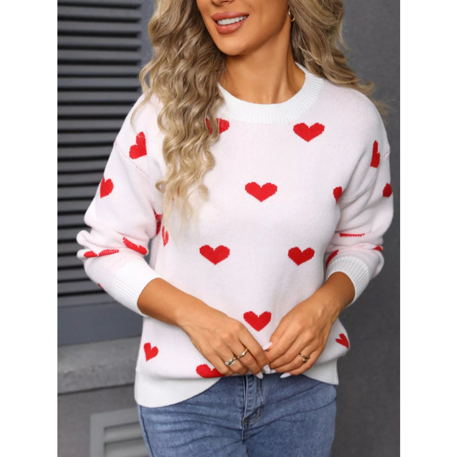 Valentine’s Day Heart Pattern Dropped Shoulder Sweater White / S Apparel and Accessories