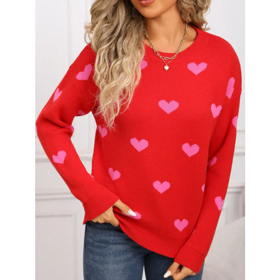 Valentine’s Day Heart Pattern Dropped Shoulder Sweater Apparel and Accessories