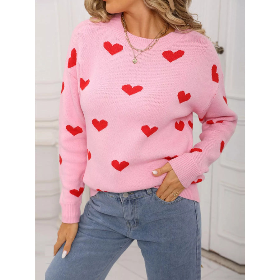 Valentine’s Day Heart Pattern Dropped Shoulder Sweater Apparel and Accessories