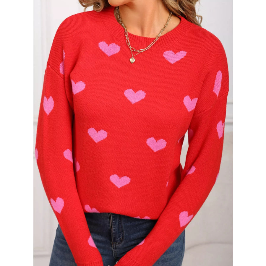 Valentine’s Day Heart Pattern Dropped Shoulder Sweater Apparel and Accessories