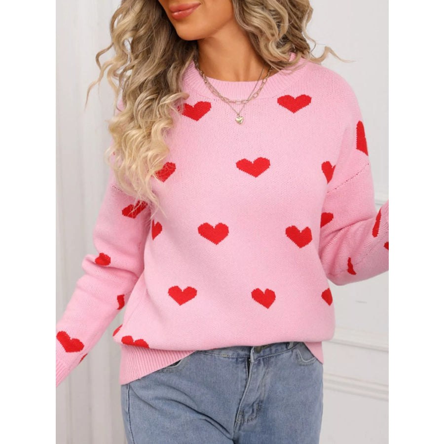 Valentine’s Day Heart Pattern Dropped Shoulder Sweater Pink / S Apparel and Accessories