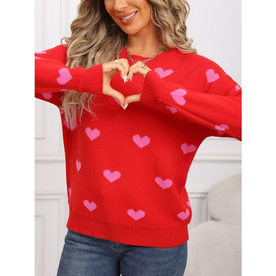 Valentine’s Day Heart Pattern Dropped Shoulder Sweater Rose Red / S Apparel and Accessories