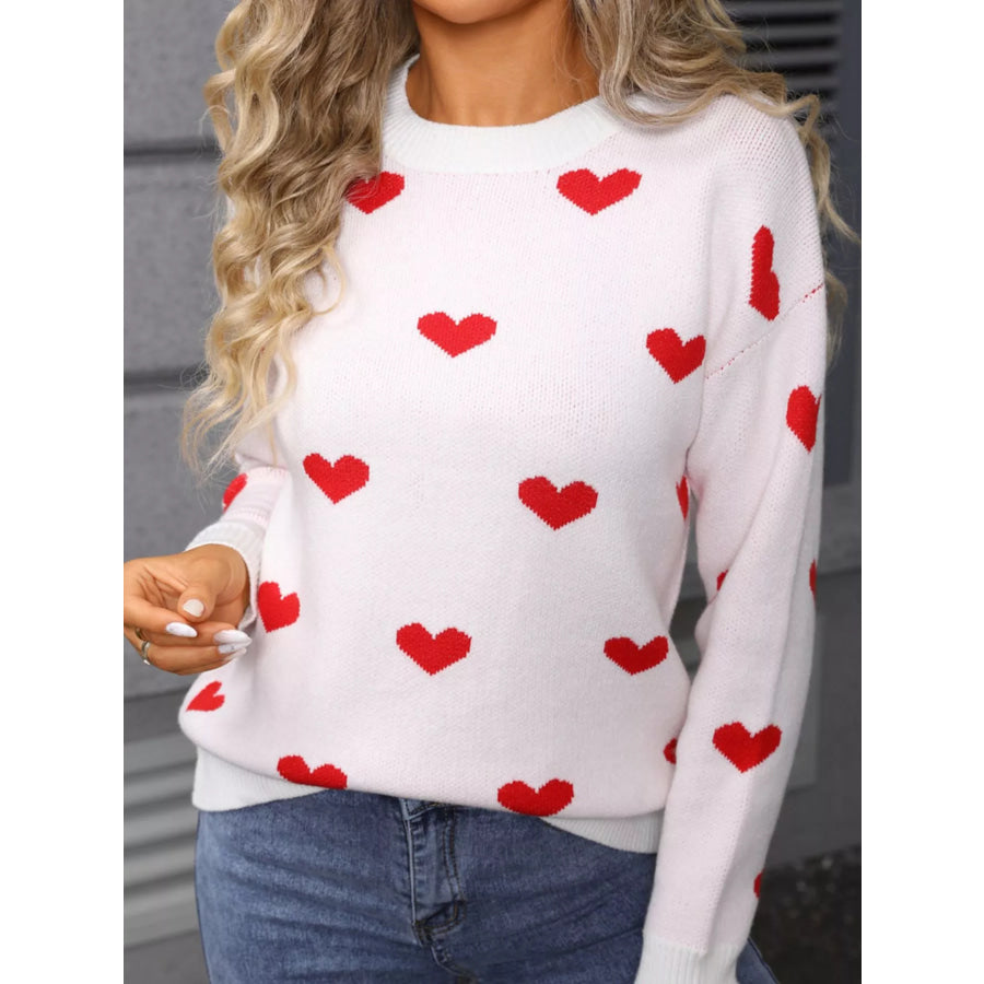 Valentine’s Day Heart Pattern Dropped Shoulder Sweater White / S Apparel and Accessories
