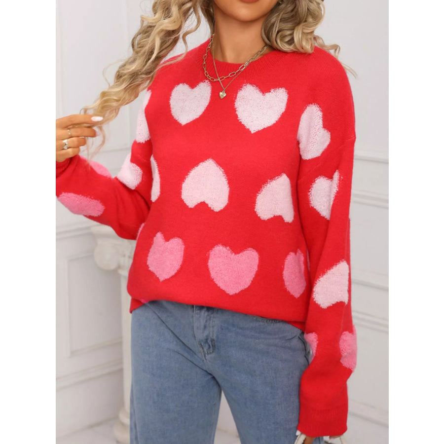 Valentine’s Day Heart Pattern Fuzzy Knit Sweater Apparel and Accessories
