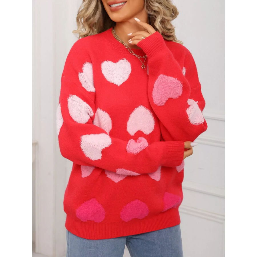 Valentine’s Day Heart Pattern Fuzzy Knit Sweater Apparel and Accessories