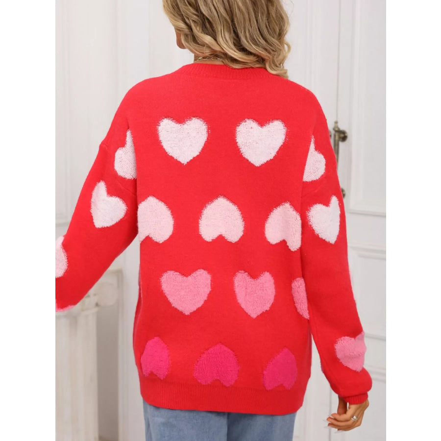Valentine’s Day Heart Pattern Fuzzy Knit Sweater Apparel and Accessories