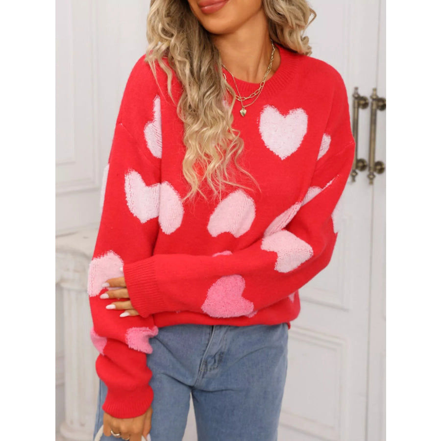 Valentine’s Day Heart Pattern Fuzzy Knit Sweater Apparel and Accessories