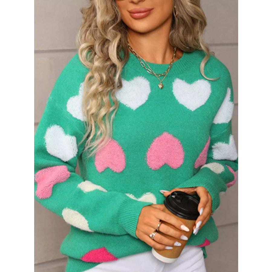 Valentine’s Day Heart Pattern Fuzzy Knit Sweater Green / S Apparel and Accessories
