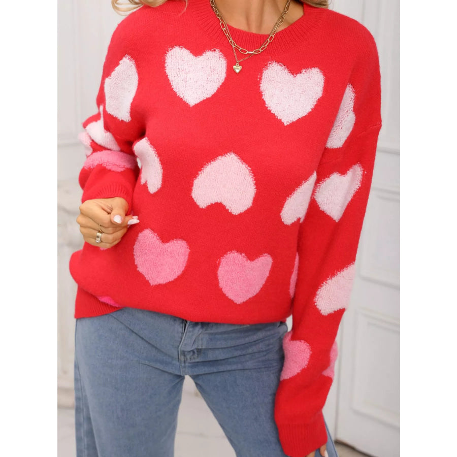 Valentine’s Day Heart Pattern Fuzzy Knit Sweater Red / S Apparel and Accessories