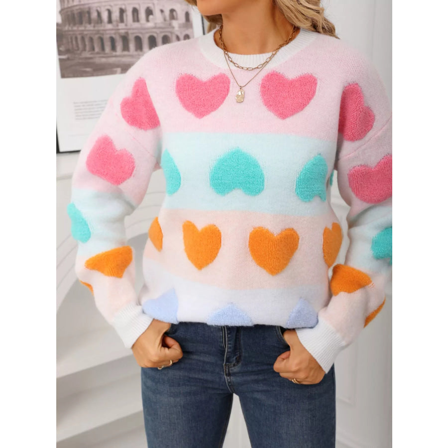 Valentine’s Day Heart Pattern Fuzzy Knit Sweater White / S Apparel and Accessories