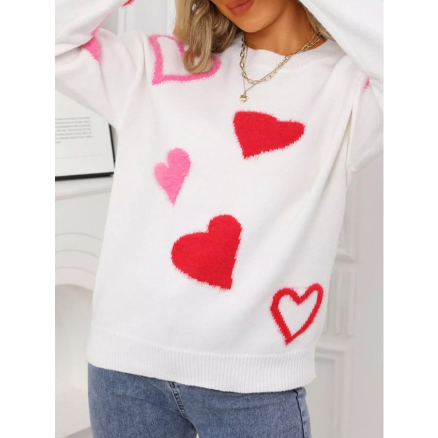 Valentine’s Day Heart Pattern Knit Sweater White / S Apparel and Accessories