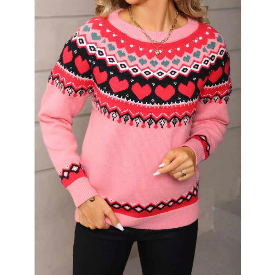 Valentine’s Day Heart Pattern Knitted Sweater Pink / S Apparel and Accessories