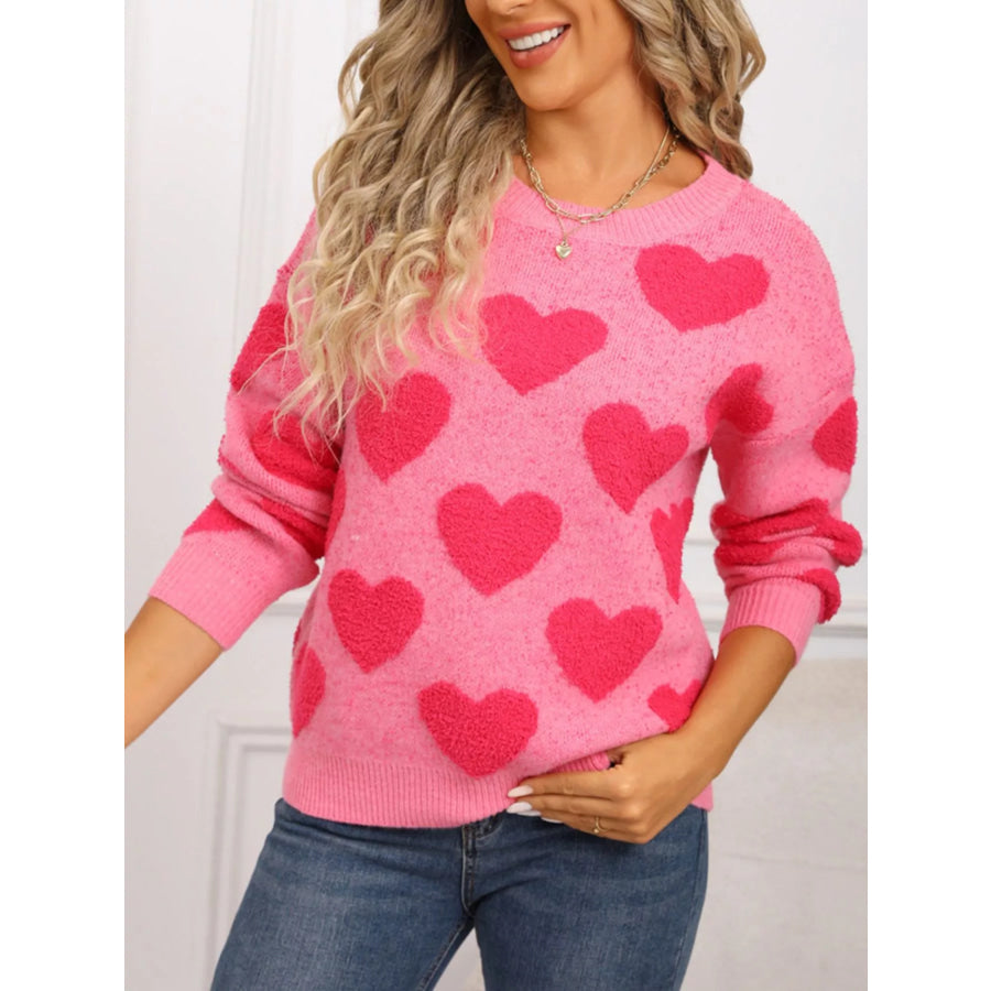 Valentine’s Day Heart Pattern Round Neck Sweater Apparel and Accessories
