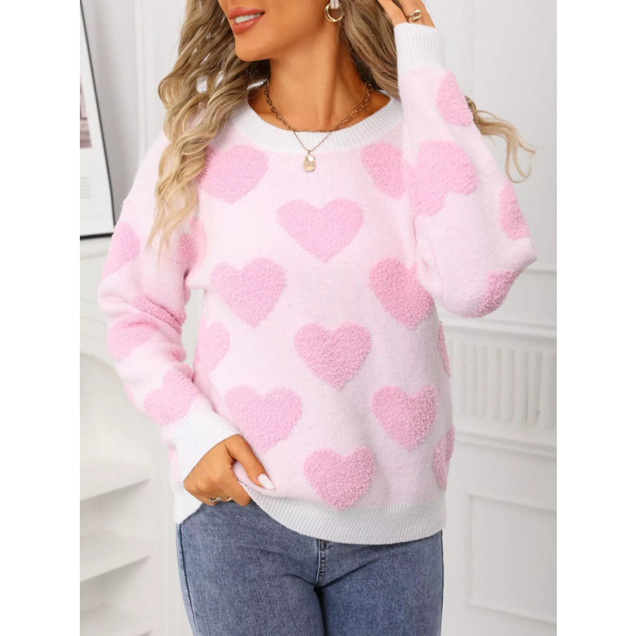 Valentine’s Day Heart Pattern Round Neck Sweater Apparel and Accessories