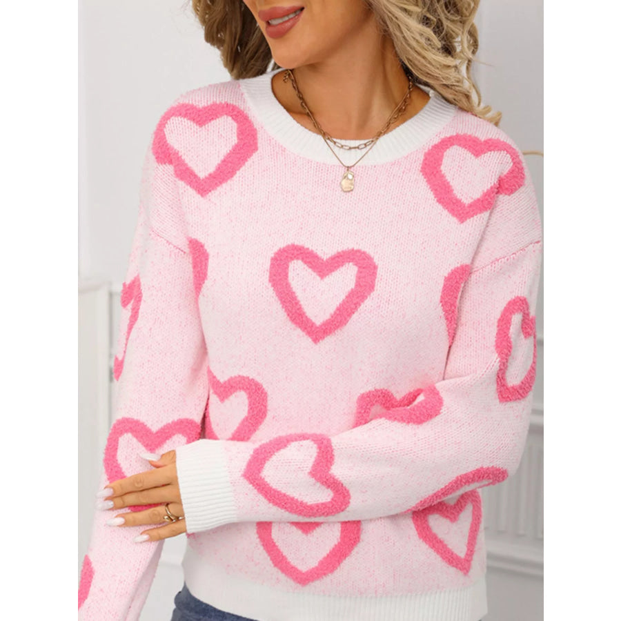 Valentine’s Day Heart Pattern Round Neck Sweater Apparel and Accessories