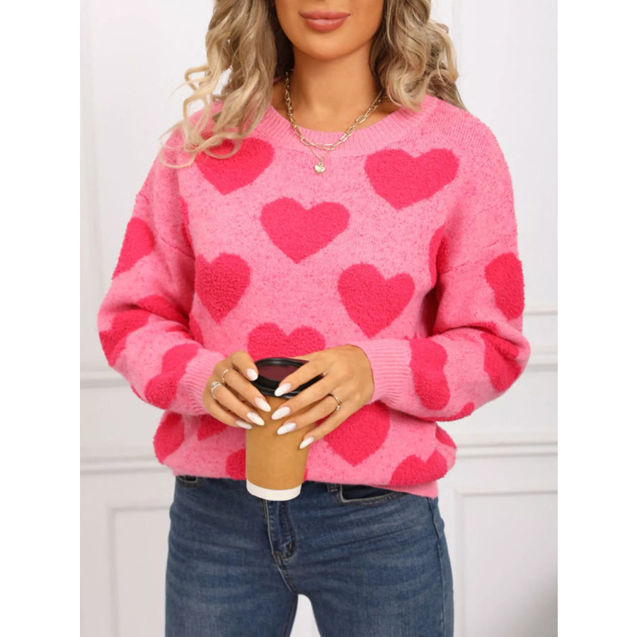 Valentine’s Day Heart Pattern Round Neck Sweater Apparel and Accessories