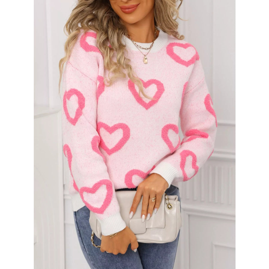 Valentine’s Day Heart Pattern Round Neck Sweater Apparel and Accessories