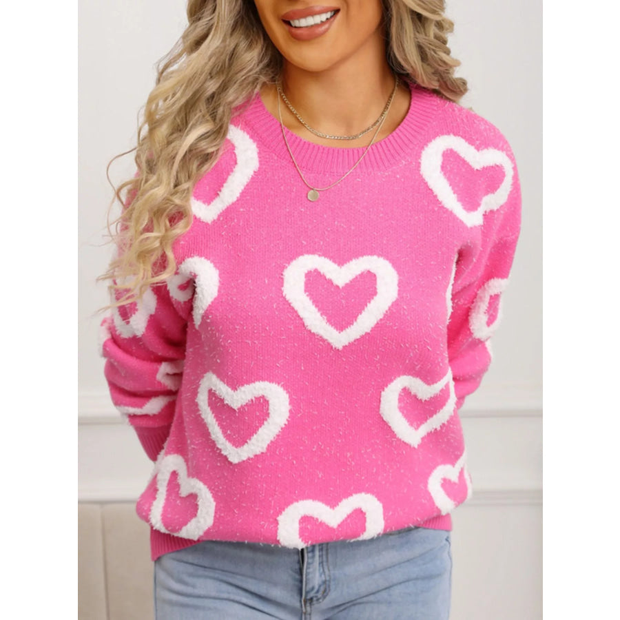 Valentine’s Day Heart Pattern Round Neck Sweater Apparel and Accessories