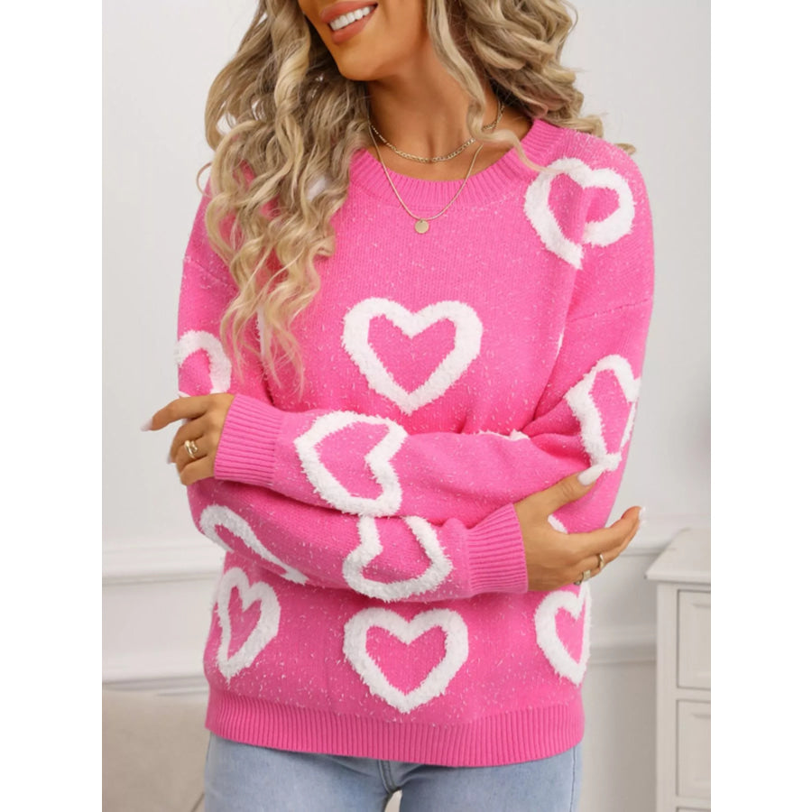 Valentine’s Day Heart Pattern Round Neck Sweater Apparel and Accessories