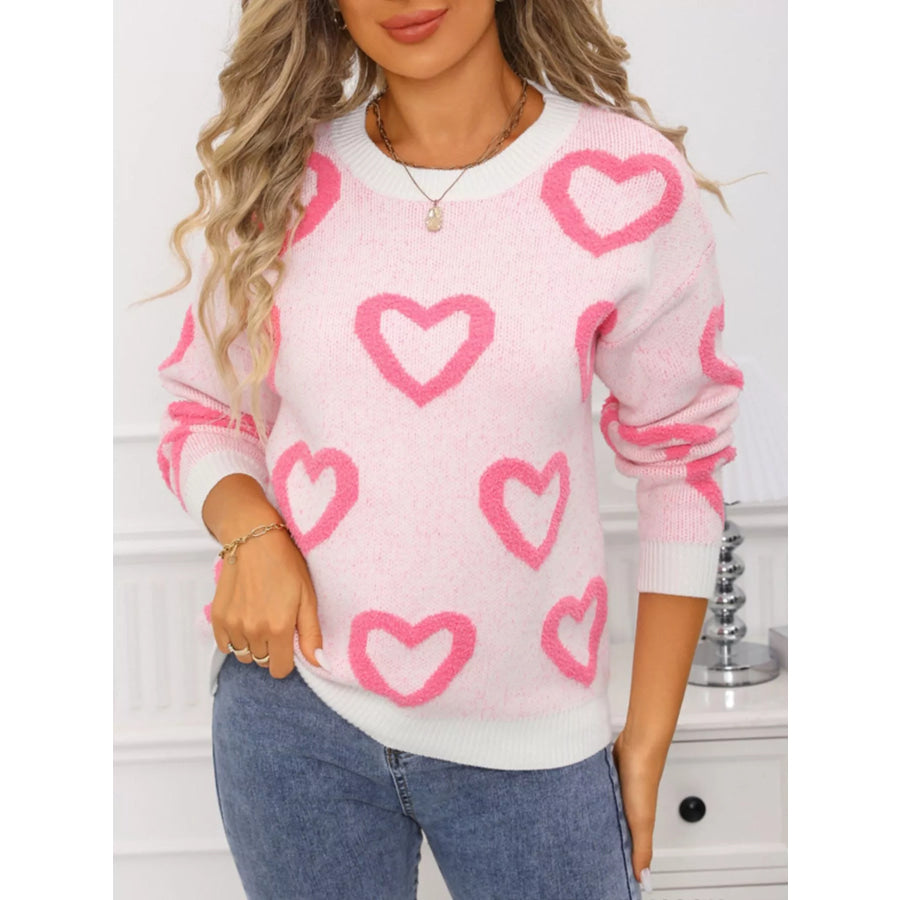 Valentine’s Day Heart Pattern Round Neck Sweater Apparel and Accessories