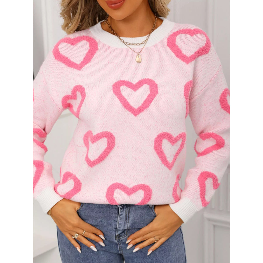 Valentine’s Day Heart Pattern Round Neck Sweater Apparel and Accessories