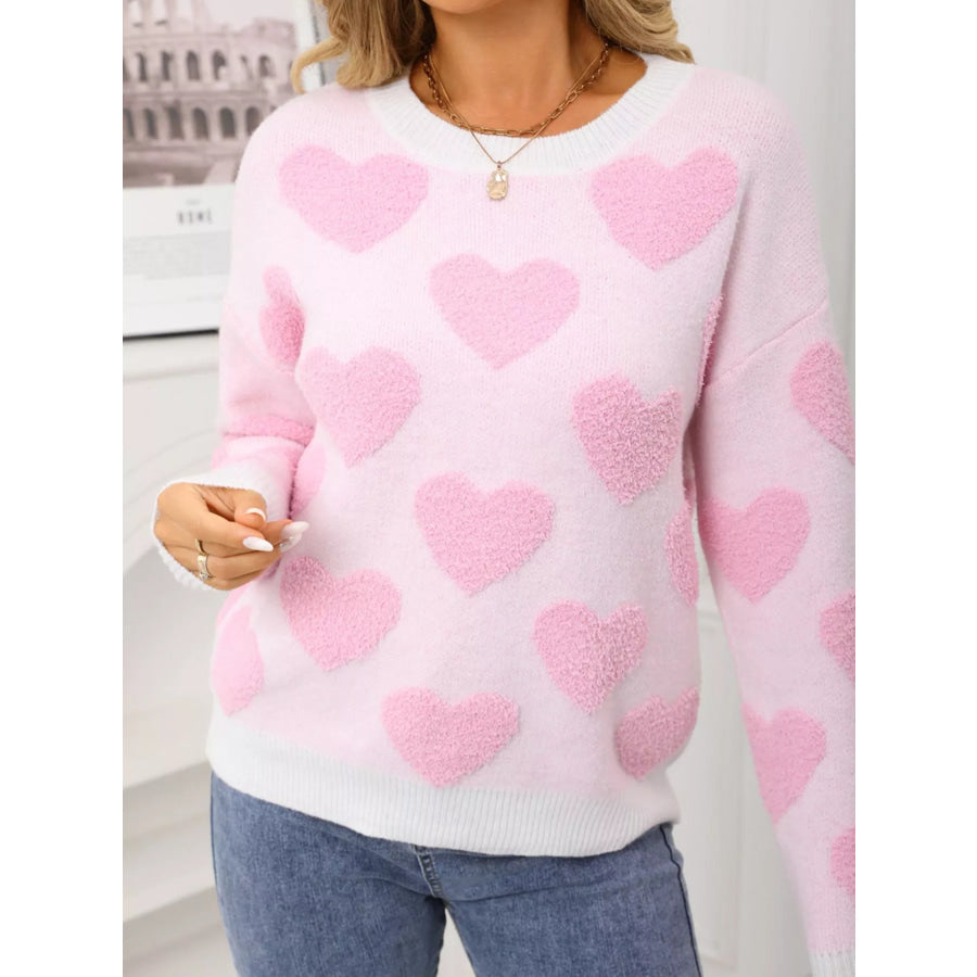 Valentine’s Day Heart Pattern Round Neck Sweater Apparel and Accessories