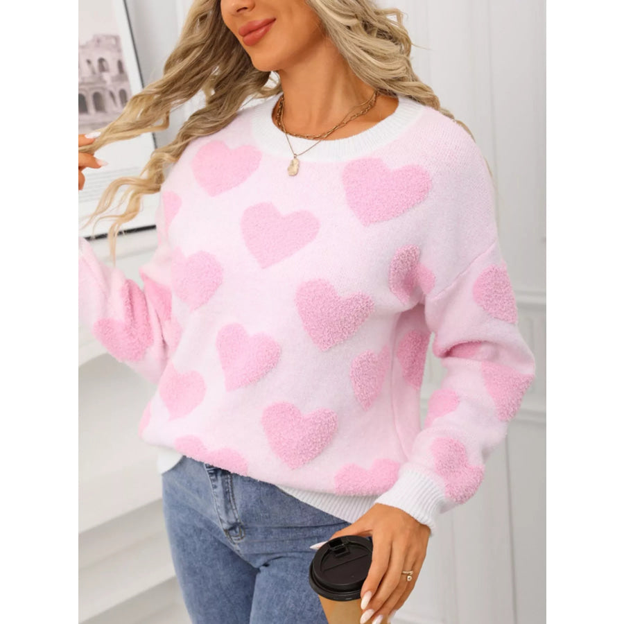 Valentine’s Day Heart Pattern Round Neck Sweater Apparel and Accessories