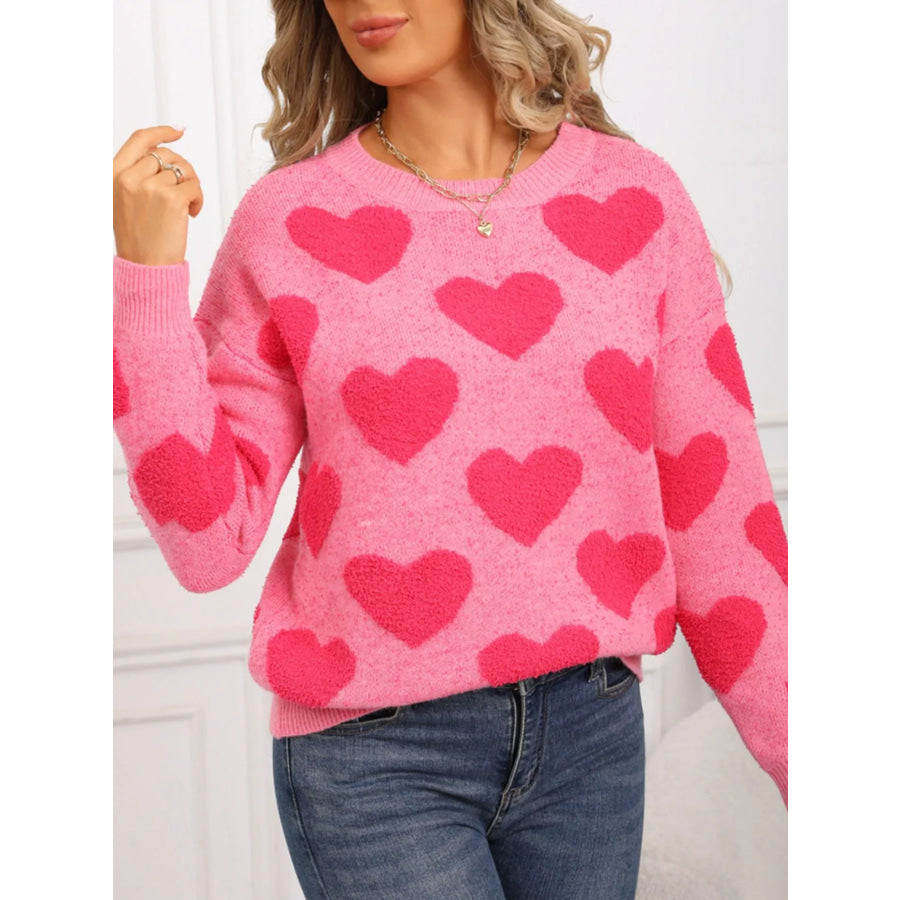 Valentine’s Day Heart Pattern Round Neck Sweater Apparel and Accessories