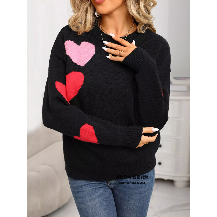 Valentine’s Day Heart Pattern Round Neck Sweater Apparel and Accessories