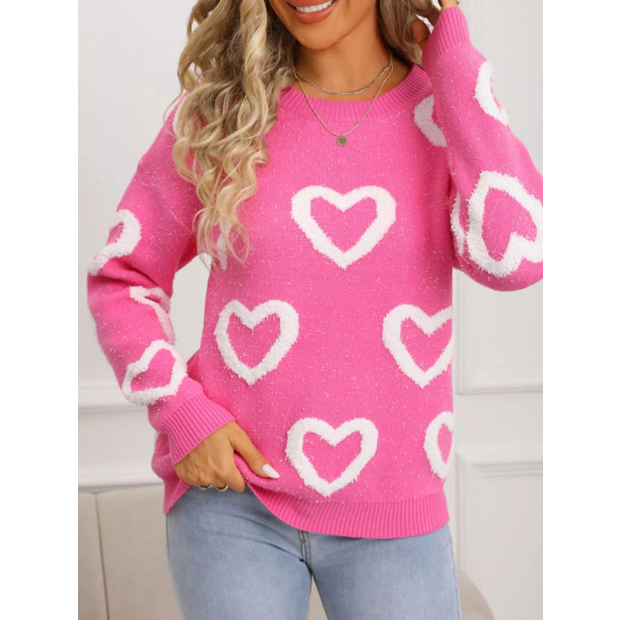 Valentine’s Day Heart Pattern Round Neck Sweater Apparel and Accessories