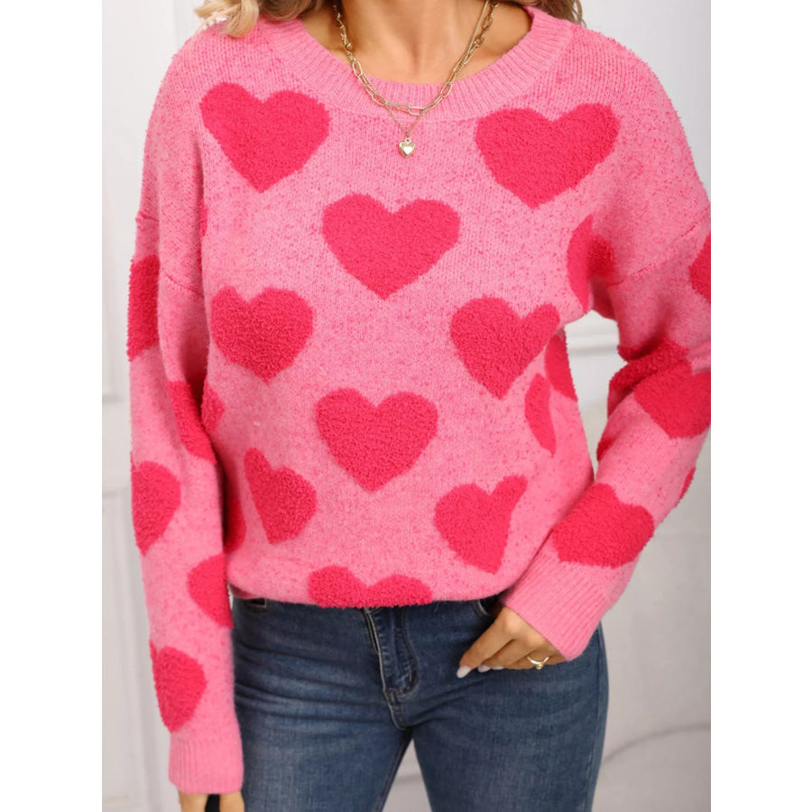 Valentine’s Day Heart Pattern Round Neck Sweater Apparel and Accessories