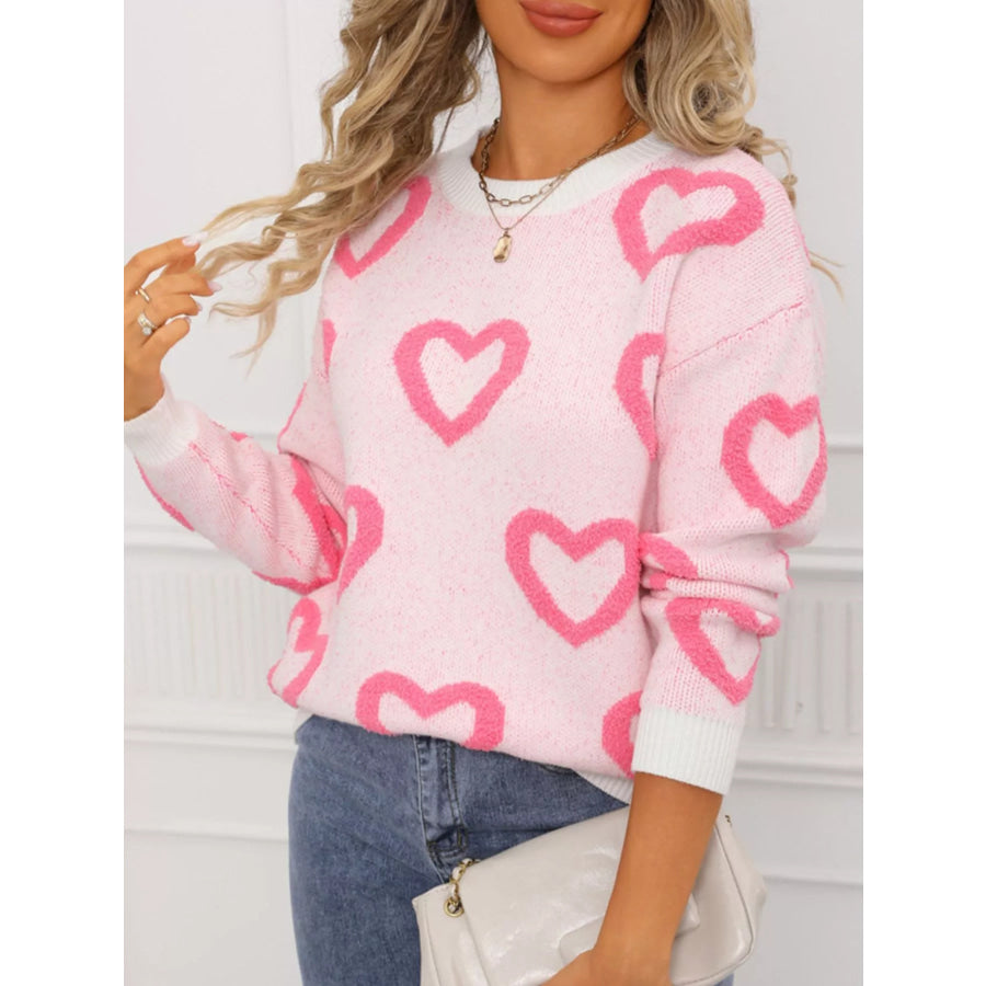 Valentine’s Day Heart Pattern Round Neck Sweater Apparel and Accessories