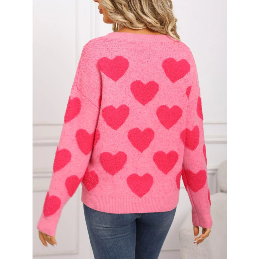 Valentine’s Day Heart Pattern Round Neck Sweater Apparel and Accessories
