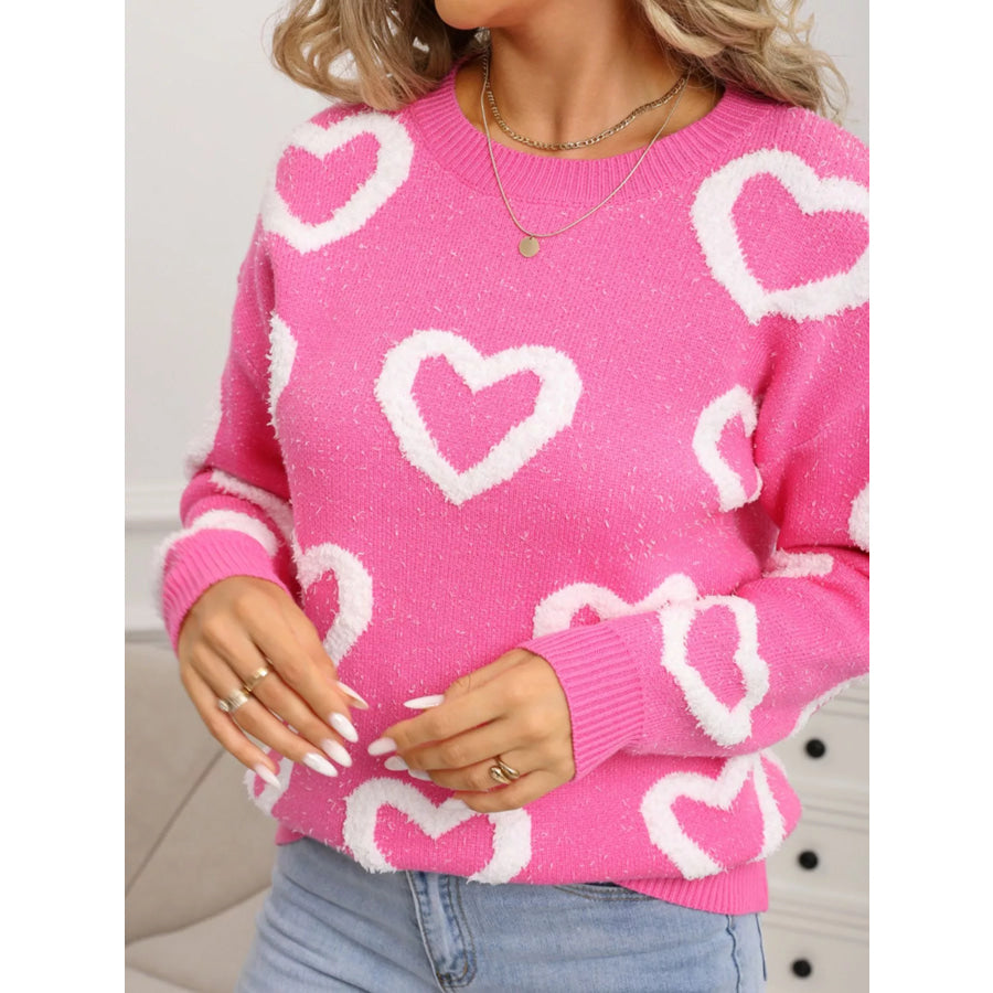 Valentine’s Day Heart Pattern Round Neck Sweater Apparel and Accessories
