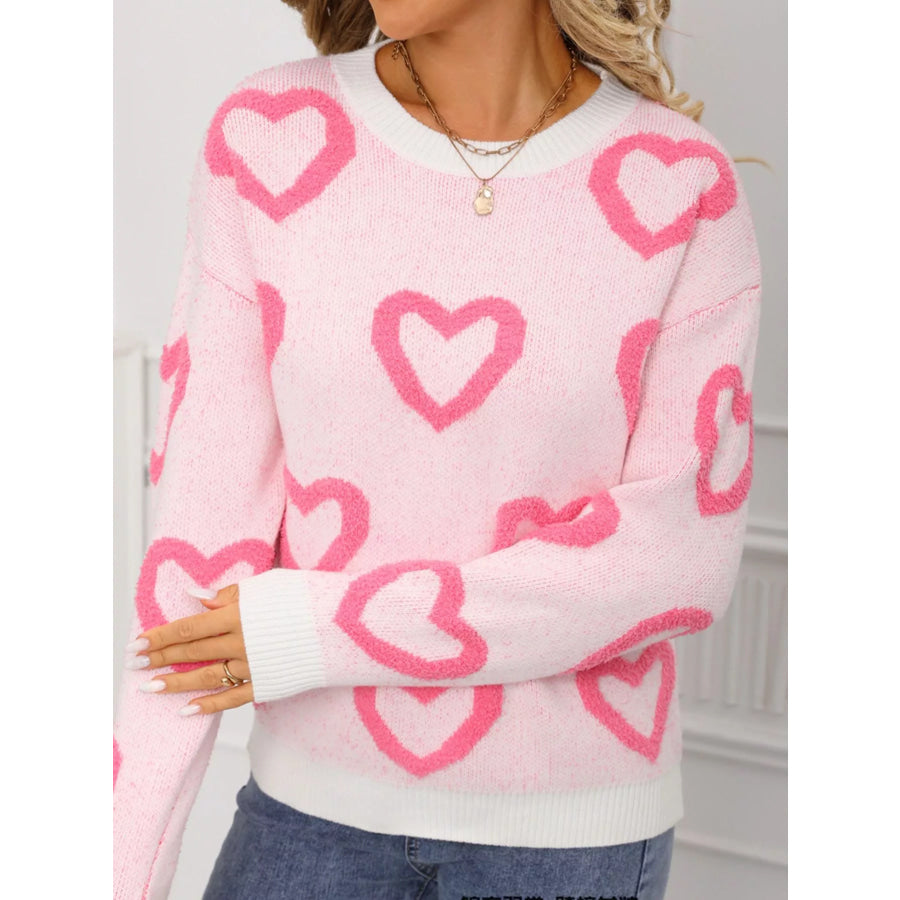Valentine’s Day Heart Pattern Round Neck Sweater Apparel and Accessories