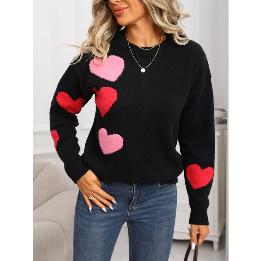 Valentine’s Day Heart Pattern Round Neck Sweater Black / S Apparel and Accessories