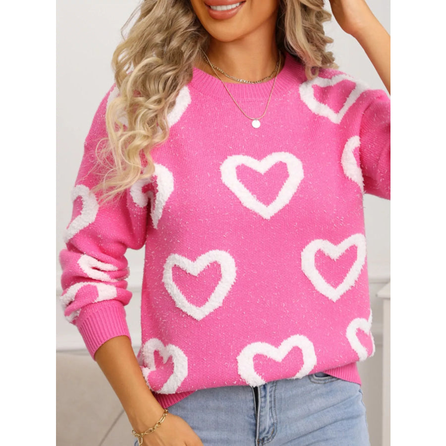 Valentine’s Day Heart Pattern Round Neck Sweater Rose Red / S Apparel and Accessories