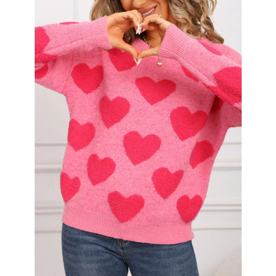 Valentine’s Day Heart Pattern Round Neck Sweater Rose Red / S Apparel and Accessories