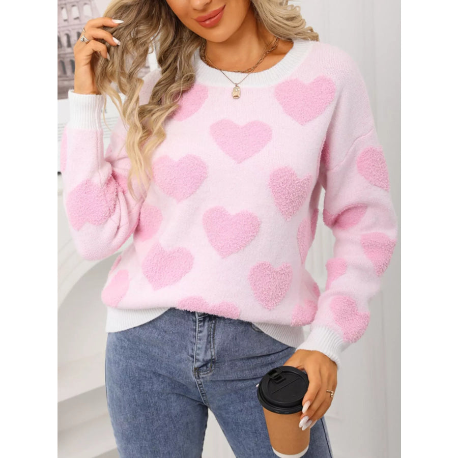 Valentine’s Day Heart Pattern Round Neck Sweater White / S Apparel and Accessories